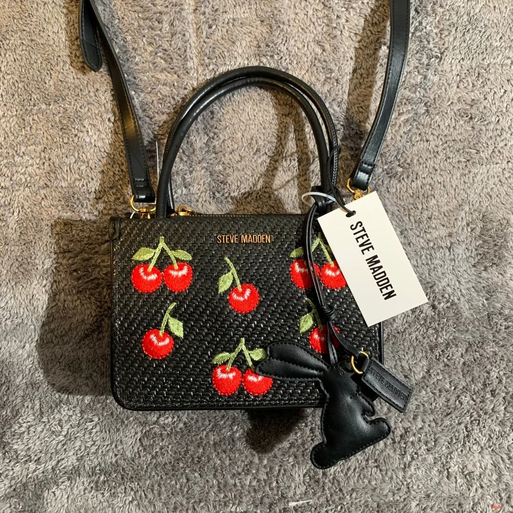 Steve Madden BCYAN Black Woven Cherry Embroidered Crossbody Bag New NWT DT627385